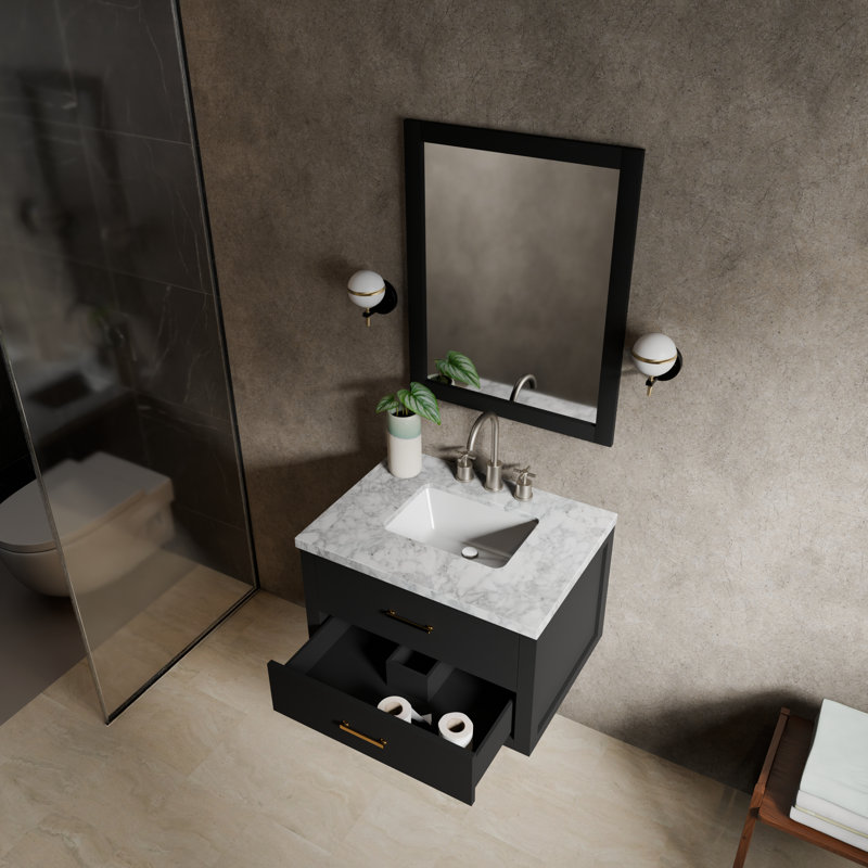 Ensemble de meuble-lavabo simple l 30 po x P 22 po, miroir 28 po et robinet chromé Castor, Noir, Marbre de Carrare blanc