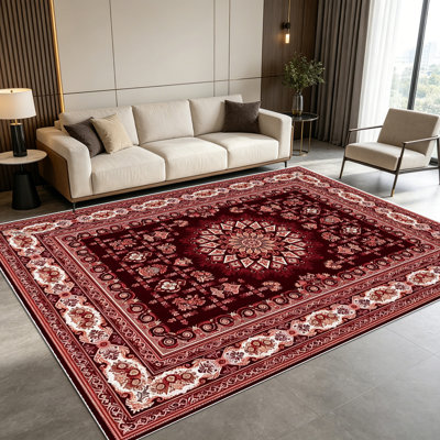 Tapis persan bourgogne à motif médaillon rétro de 1 pièce pour salon, doux et confortable, facile à entretenir et lavable à la machine.
