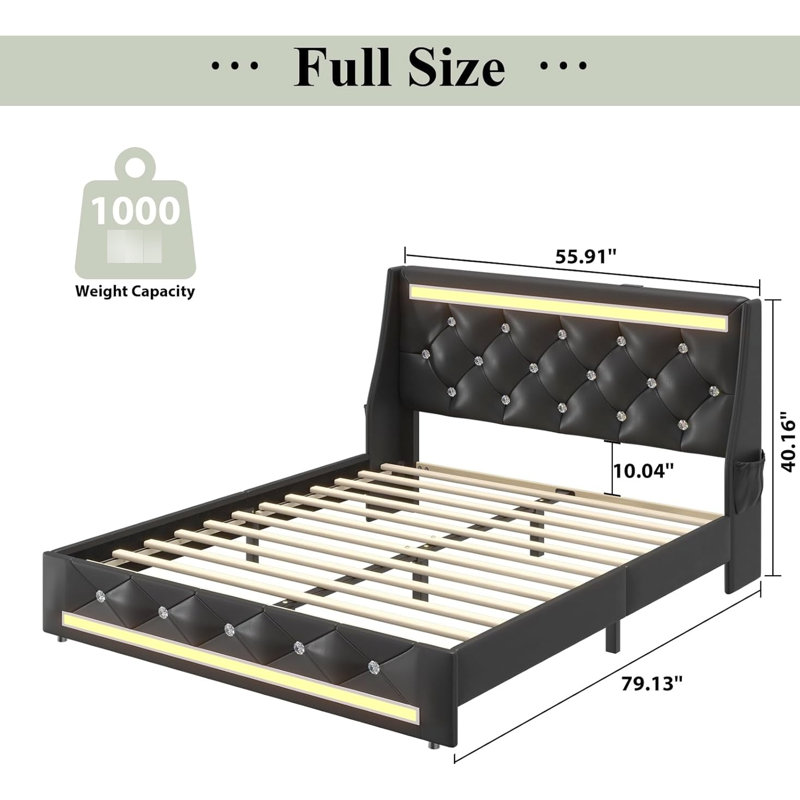 Noir, cadre de lit rembourré, lumières à DEL, charge 4 en 1, tête de lit à losanges, poches de rangement, stable, ports de chargement intelligents et silencieux, lattes en bois, sans sommier, bruit