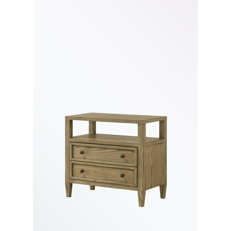 Table de chevet 2 tiroirs en bois avec tablette ouverte