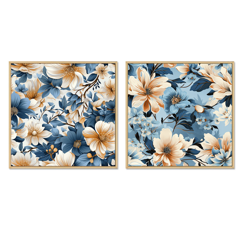 Blue Retro Finesse Floral Motif III - ensemble de 2 collages floraux carrés, Cadre flottant brun, H 36 po x l 73 po