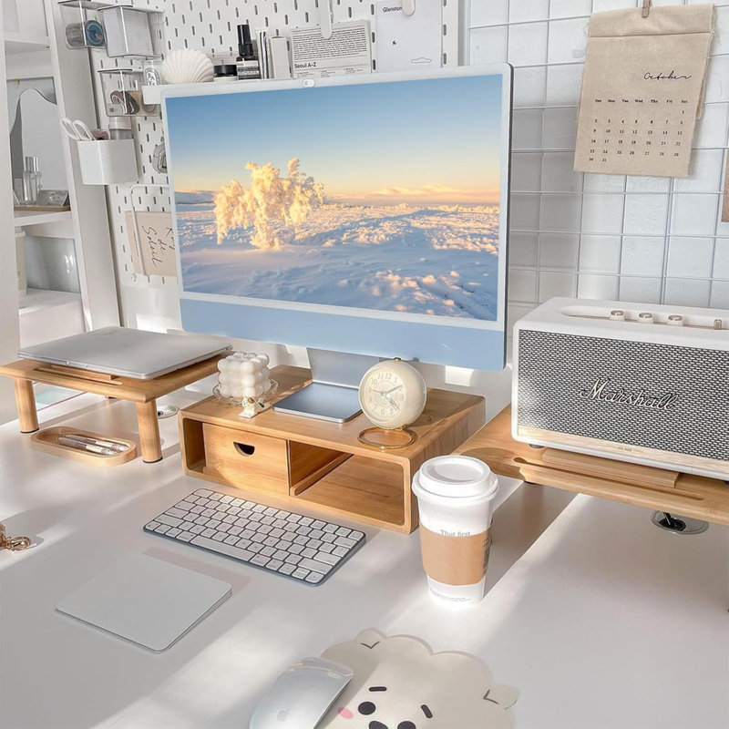 Support de moniteur double avec tiroir pour bureau, tablette de bureau pour ordinateur portable à hauteur et angle réglables, support pour ordinateur en bambou