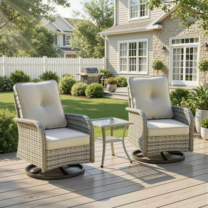 Ensemble de conversation pour patio 2 personnes avec chaises berçantes pivotantes et table en verre trempé, Beige