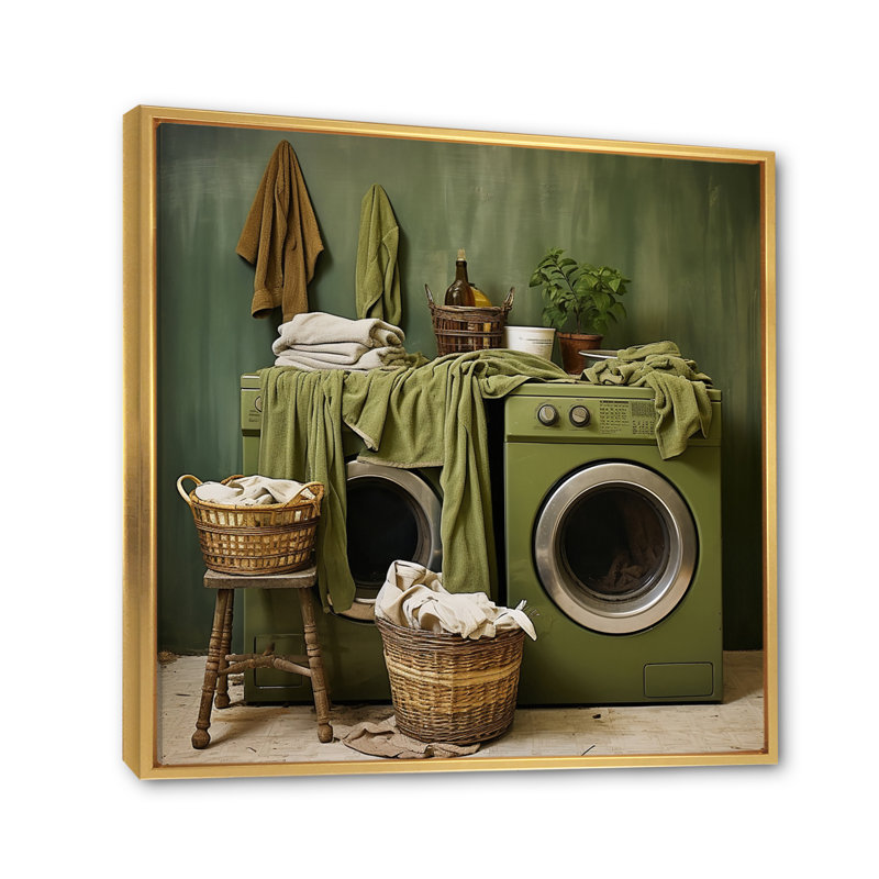 «Green Vintage Laundry Room I», reproduction sur toile, Cadre flottant doré, H 16 po x l 16 po x P 1 po