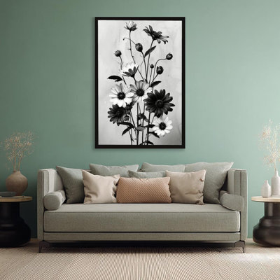 Black and White Daisy Black Floater Framed Canvas Wall Art Realistic Botanical 36" H x 24" W Daisy Decor for Bedroom