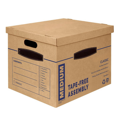 Medium Classic Moving Box 8 Pack, Reinforced Handles, Tape-Free Assembly, Box With Lid, 19-In X 14.5-In X 15.5-In