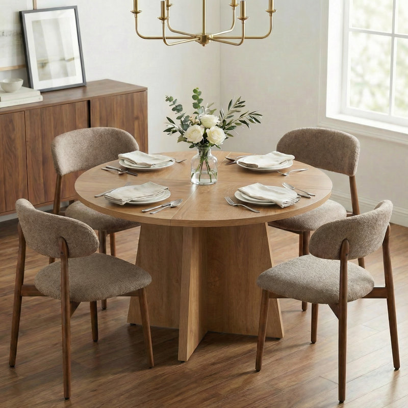 Amarachi 47’’ Round Wood Dining Table With Upholstered Chairs, Kitchen Dining Room Furniture Set, 5 Pieces: Table, 4 Chairs