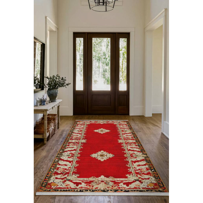 Anatolia Collection Digital Print Cotton-Polyester Red Beige Moroccan Rug, Rectangle 2'8" x 5'