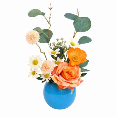 12,6 po Arrangement de fleurs artificielles orange et roses dans un vase en céramique bleu brillant
