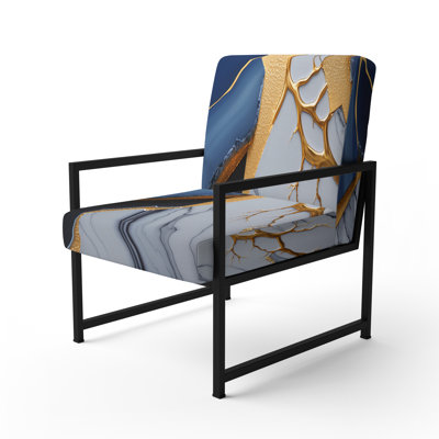 Abstract Geode Blue I - Upholstered Modern Arm Chair, Marble Abstract Accent Chair