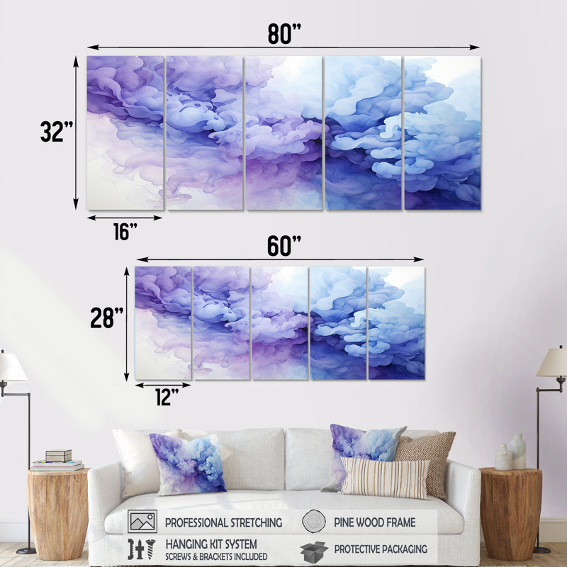 Bleu et mauve apaisant fumée sérénité - ensemble abstrait d'art mural 5 pièces, H 28 po x l 60 po