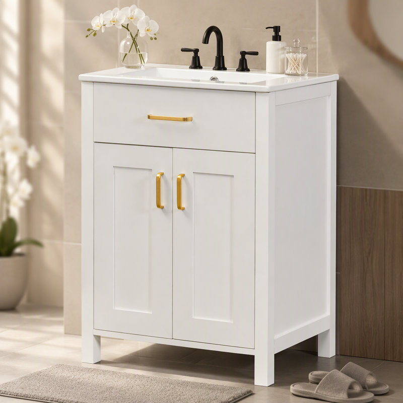 Meuble-lavabo moderne de 48 pouces avec lavabo en céramique, portes à fermeture en douceur, tiroir rabattable, tablettes de porte à double couche, solution de rangement élégante