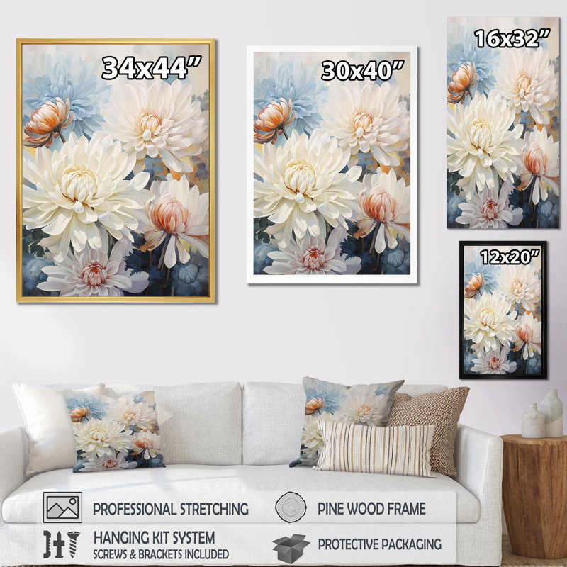 " White Mums In Blue Dream ", Wrapped Canvas, 32" H x 16" W x 1" D