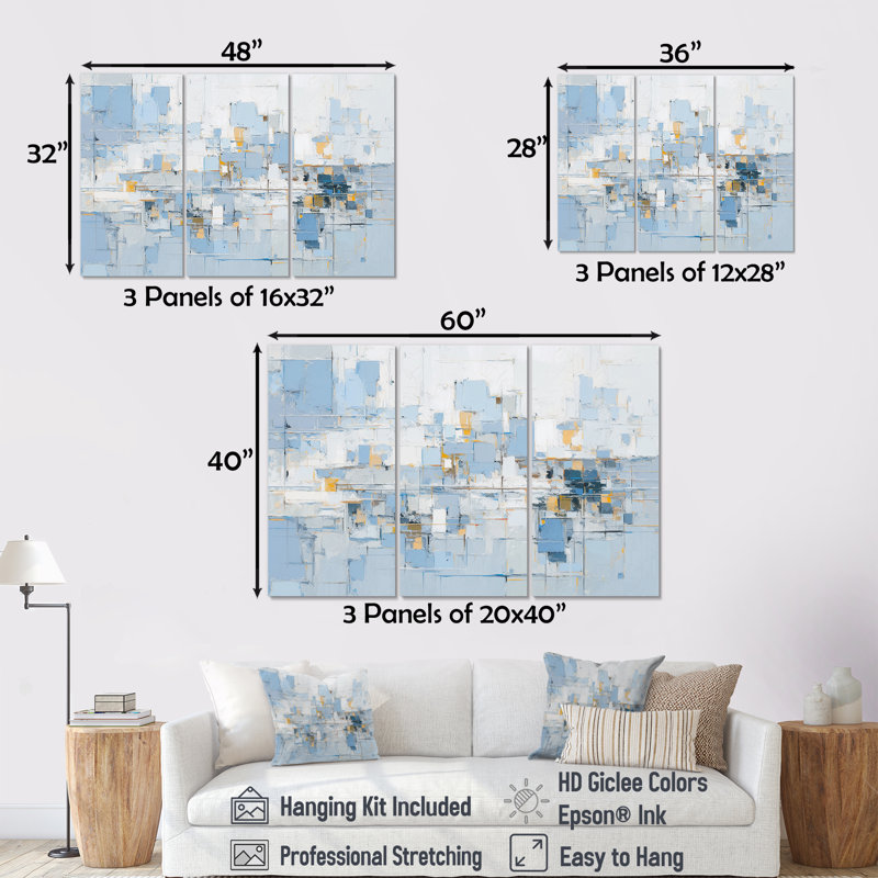 Ensemble de décorations murales abstraites bleues et blanches - Collages abstraits, H 28 po x l 36 po x P 1 po, Toile tendue