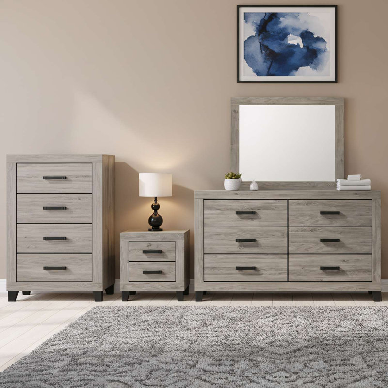 Ensemble de chambre à coucher de style transitionnel avec commode à 6 tiroirs, miroir, commode et table de chevet 4 pièces
