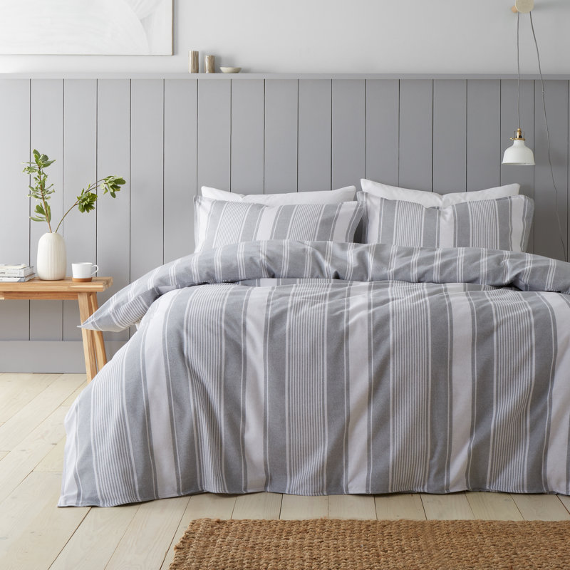 Brushed Cotton Ticking Stripe Reversible Duvet Cover Set, Single Duvet Cover + 1 Standard Pillowcase