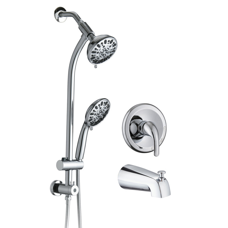 7-Setting Drill-Free Stainless Steel Slide Bar Combo - Luxury Dual Shower with Tub Spout (Rough-in Valve), Brushed Nickel
