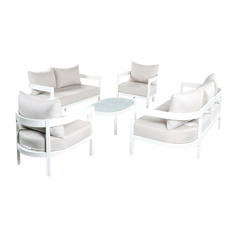 5-Piece Outdoor Curved Aluminum Patio Furniture Set, 2 Single Chairs & 1 Loveseat & 1 Three-Seater Sofa & 1 Oval Tempered Glass Coffee Table, Conversation Set For Backyard Deck Poode, Seats 7 Adult
