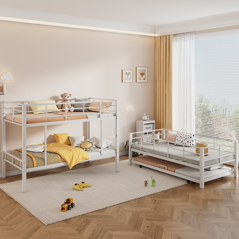 Metal Twin Triple Bunk Bed With Trundle, White