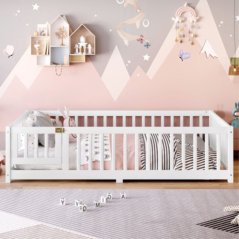 Lit au sol avec garde-corps et porte pour enfants, Lit double, Blanc