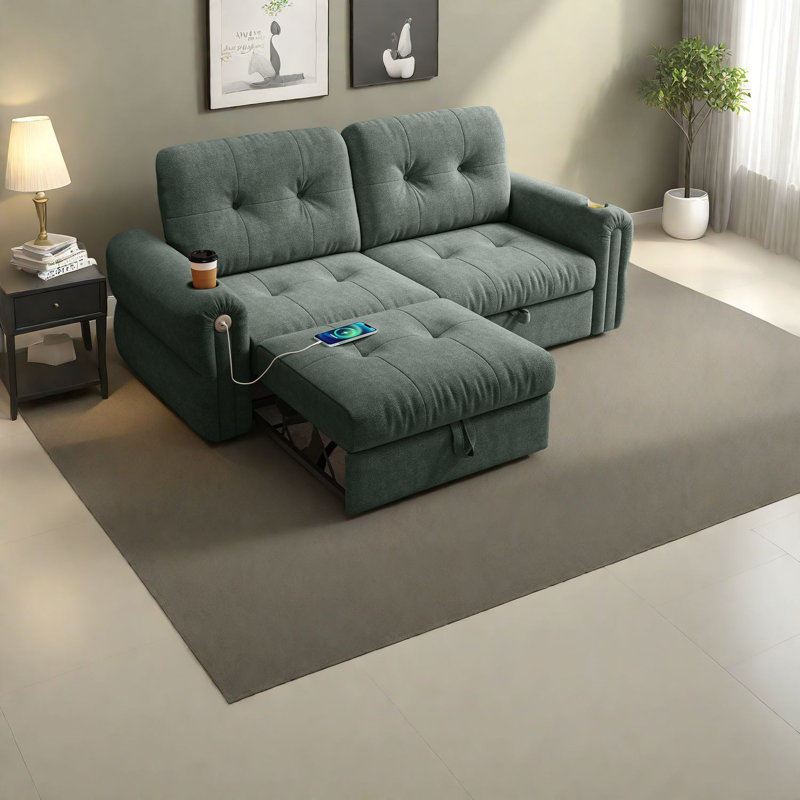 Sleek Multi-functional Sofa, Green Chenille Upholstery For Modern Living