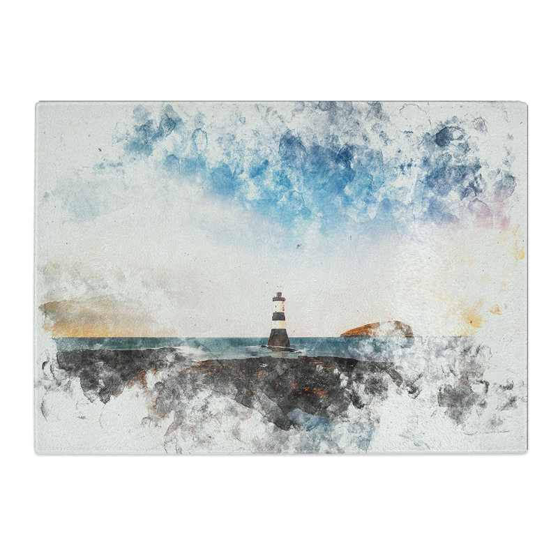 Tempered Glass Lighthouse & Seascape at Dusk Chopping Board, 28.5 cm x 39 cm
