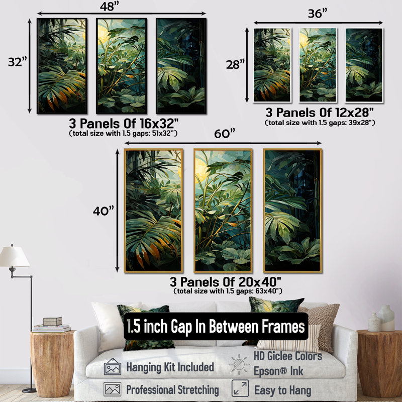Ensemble de salon Fantasy Jungle Plants Under Moonlight II - Plants Wall Art, Cadre flottant blanc