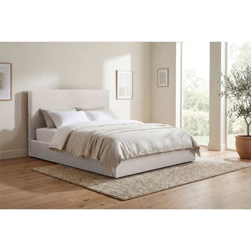 NORDIC UPHOLSTERED QUEEN BED WHITE LINEN BLACK, White Linen, Queen