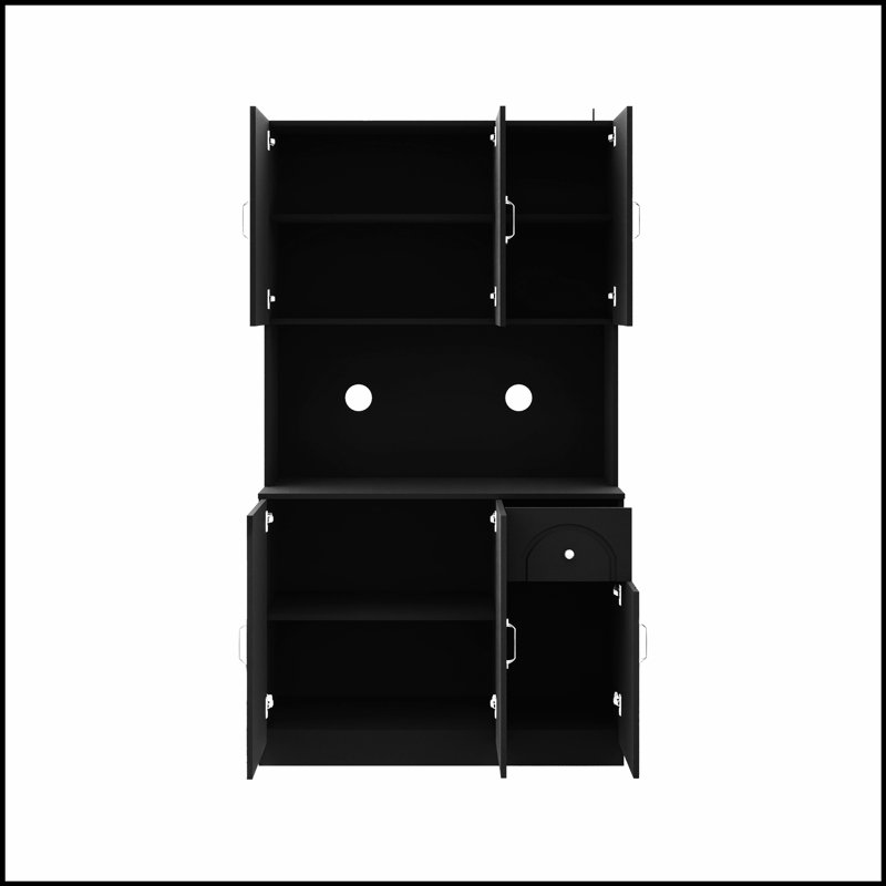 71" Kitchen Pantry Storage Cabinet with Microwave Oven Countertop, Freestanding Hutch Cabinet with Adjustable Shelves, 6 Doors and 1 Drawer-Black