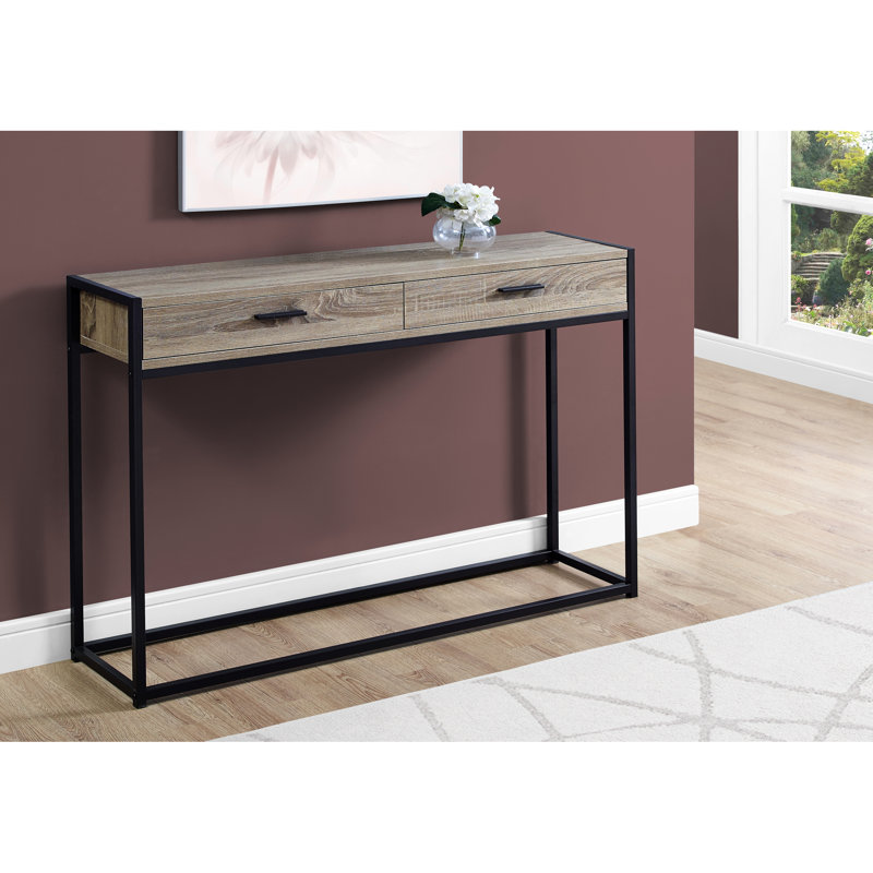 Console d'appoint taupe avec 2 grands tiroirs, pattes en métal noir pour salon, chambre, entrée, revêtement stratifié brun - Tiroirs de rangement et