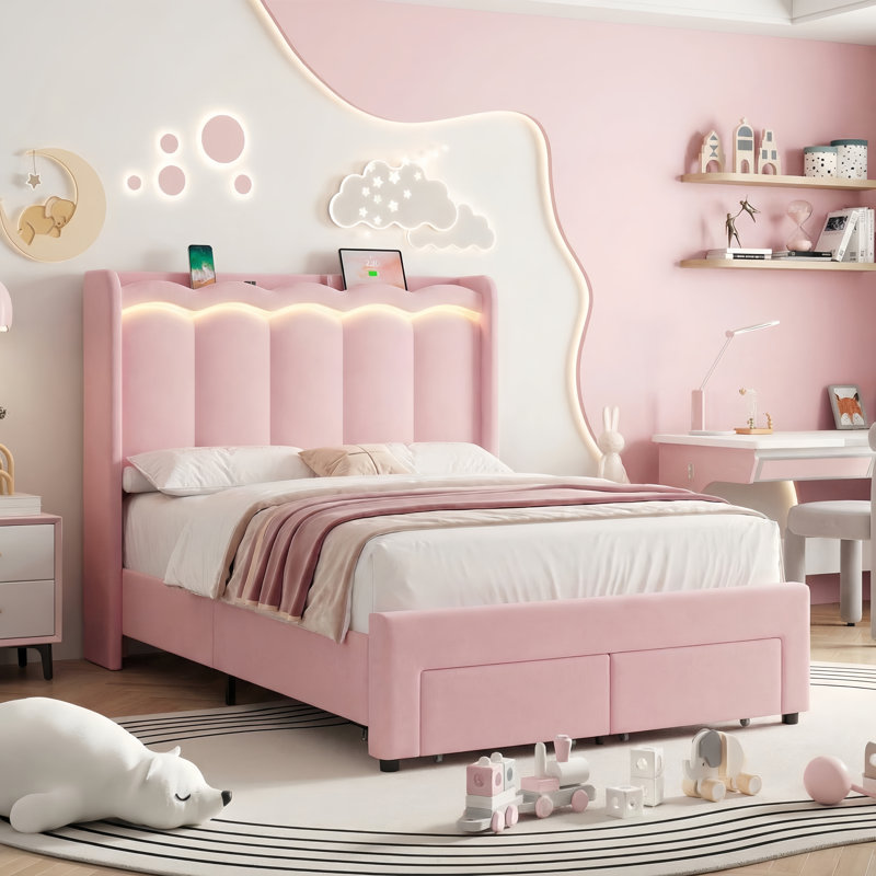 Velvet Upholstered Storage Kids Bed With LED Lights, Twin Size Platform Kids Bed With 1 Drawer, Pink, Full