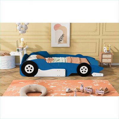 Lit plateforme double de style voiture de course avec roues fonctionnelles en contreplaqué bleu riche