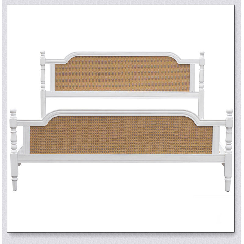 Structure de lit en rotin de style traditionnel, aucun sommier nécessaire, Blanc antique / noyer, Très grand