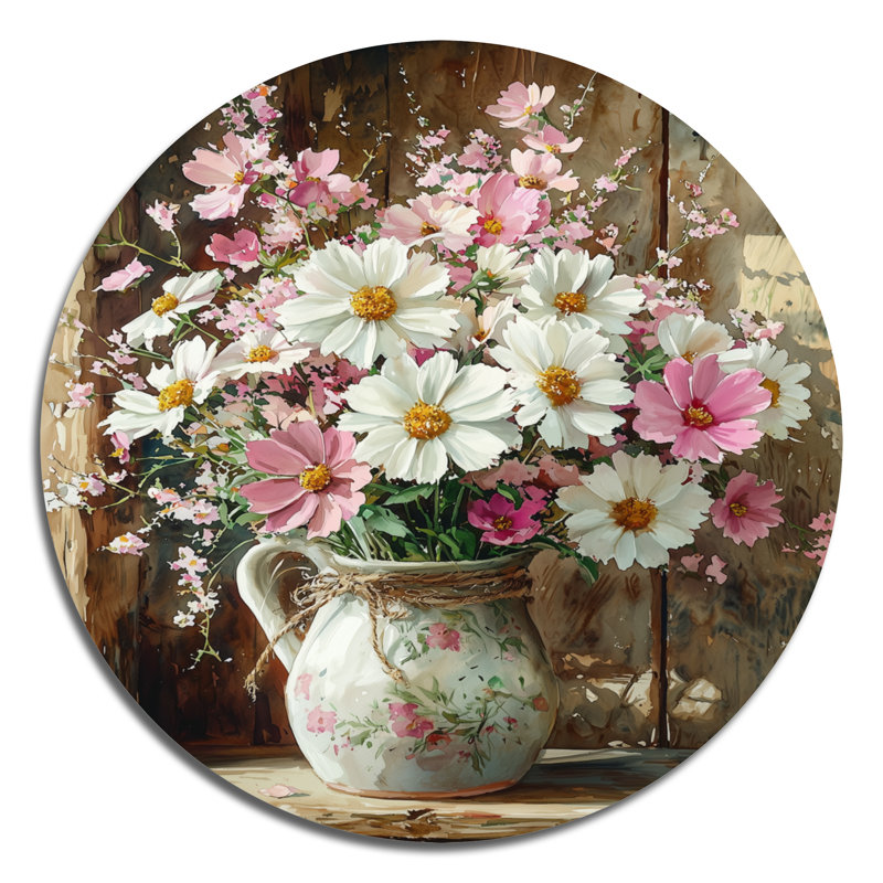 Farm Daisies Bouquet Into A Milk Vase II - Daisies Round Metal Wall Decor, 16" H x 16" W