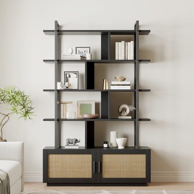 5 Tier Rattan Bookshelf with Storage Cabinet and Door, 71.1'' Tall Industrial Book Shelf with Open Display Shelves for Living Room Bedroom-Black+Natur