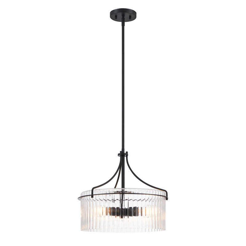 3-light Black Pendant Light With Clear Ribbed Glass