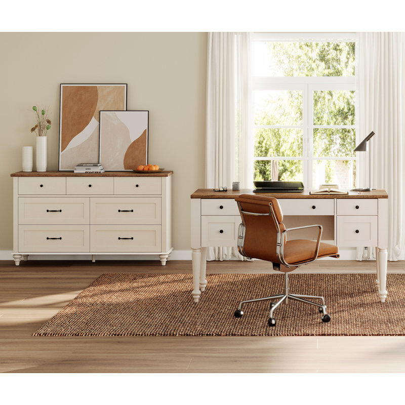 Ensemble de bureau 2 pièces, bureau d'ordinateur 56 po et commode, Blanc cassé, 2 Pcs: Desk, 7 Drawers Dresser