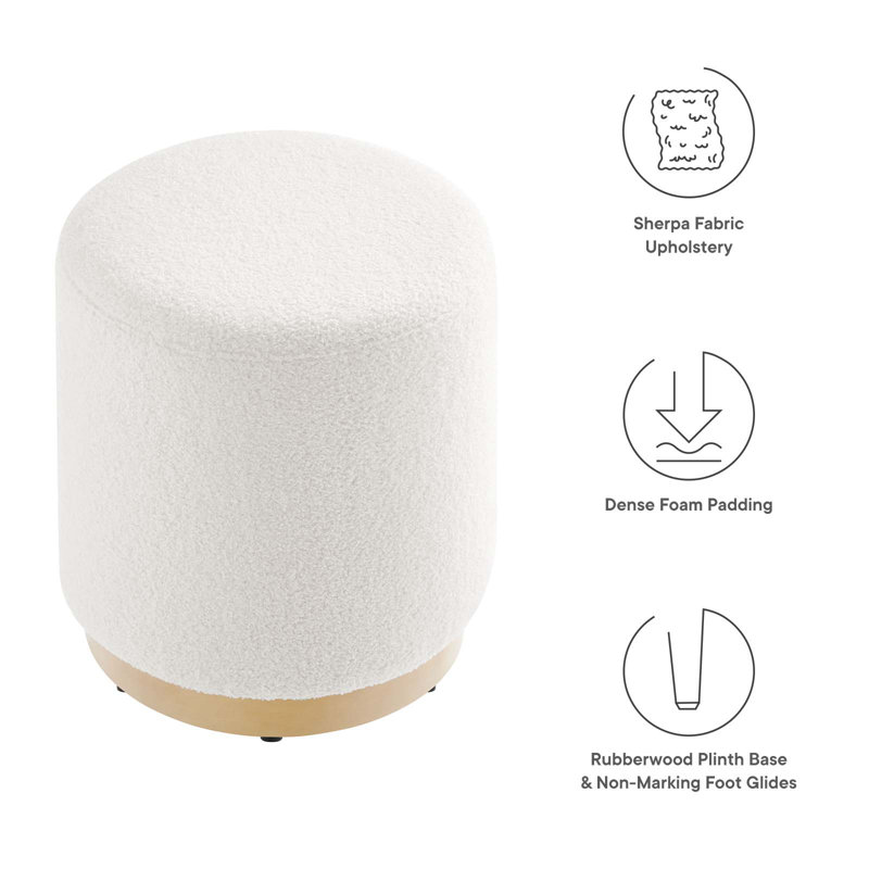 Ivory Sherpa Upholstered Round Ottoman with Rubberwood Base