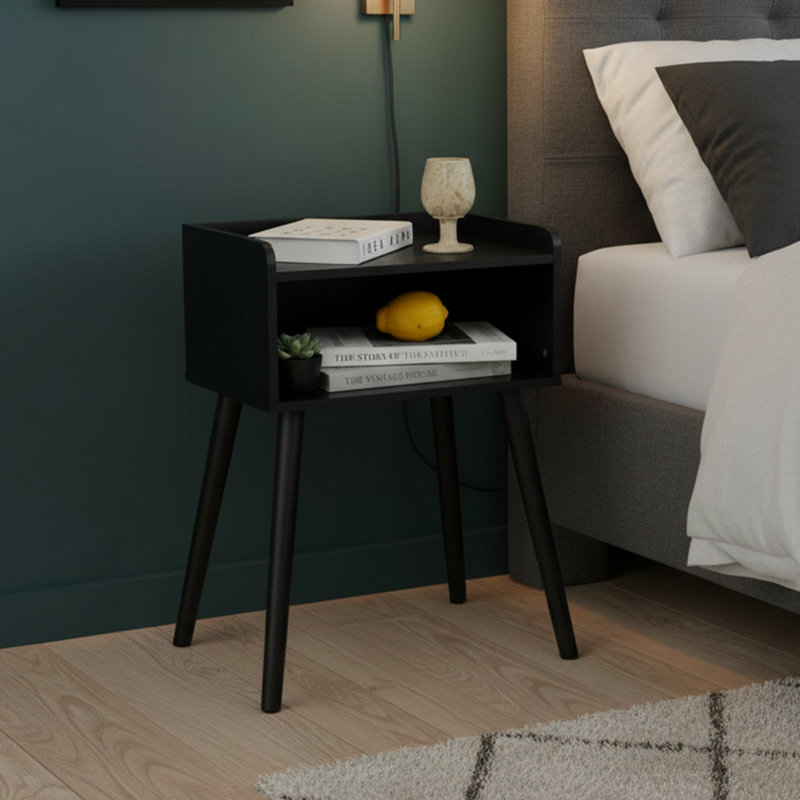 Table de chevet de style Mid-Century 15,75 po - Pieds en bois massif, finition naturelle - Rangement pour petits espaces