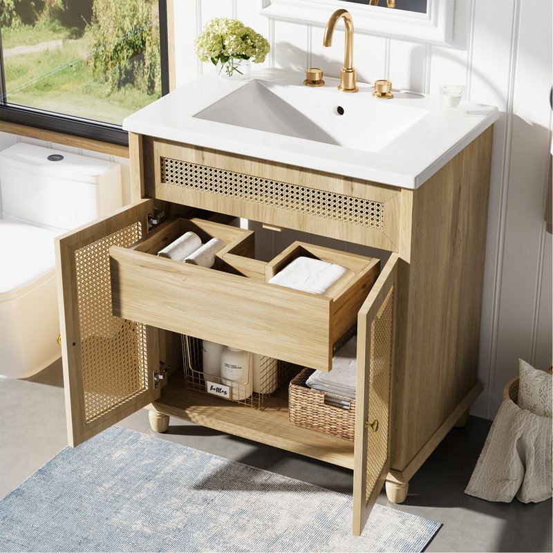 Meuble-lavabo de 30 pouces: portes en rotin tissé à la main, pieds en bois massif et lavabo en résine