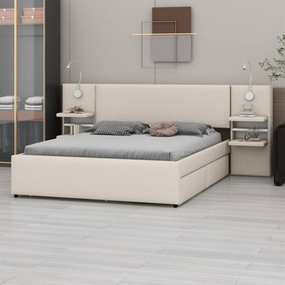 Lit plateforme tapissier avec lampes de lecture, tiroirs, lit gigogne et tablettes