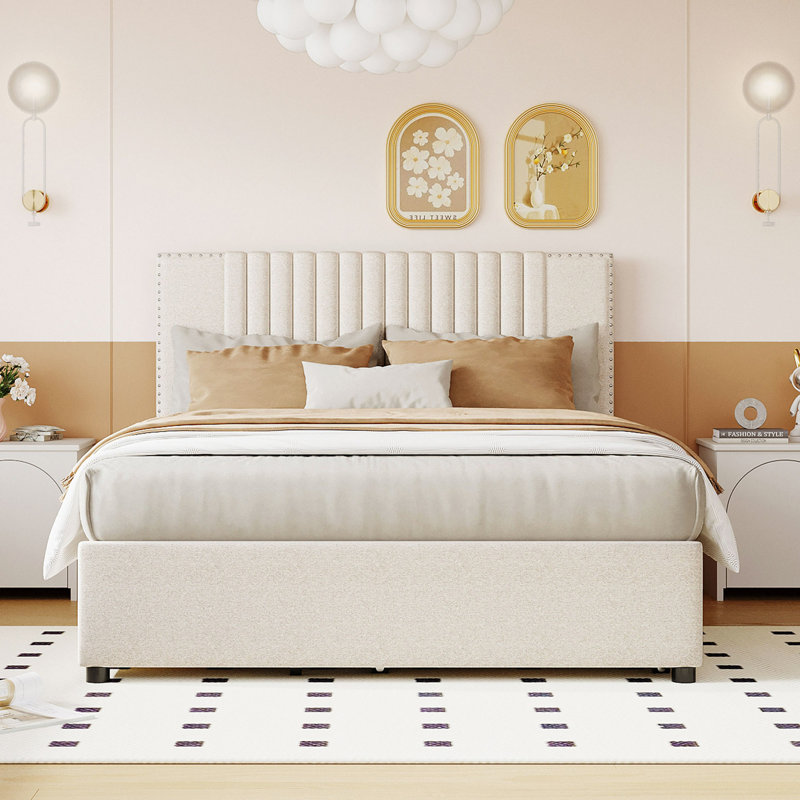 Lit plateforme tapissier avec 2 tiroirs et 1 lit gigogne, tête de lit classique, Beige, Lit double