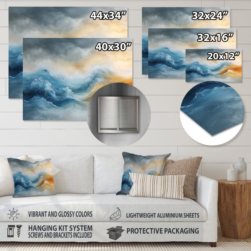 Dream Blue Coastal Waves Turbulence II - impression minimaliste sur métal, H 24 po x l 32 po