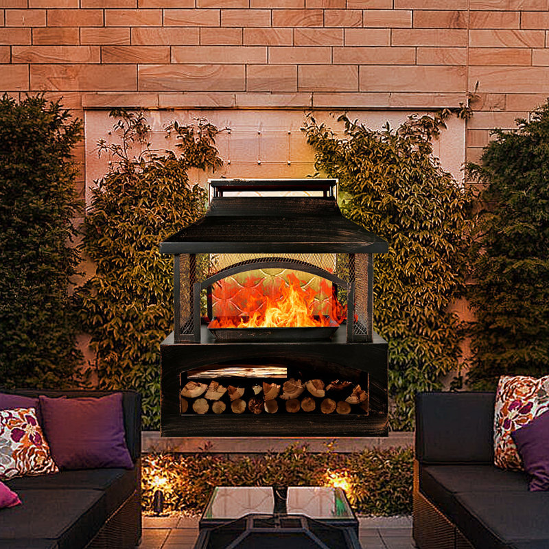 37-Inch Rectangular Metal Outdoor Wood Burning Fireplace - Outdoor Fireplace with Built-in Log Storage and Poker-Brushed Bronze,Log Burner Fire Pit for Patio Garden And Backyard