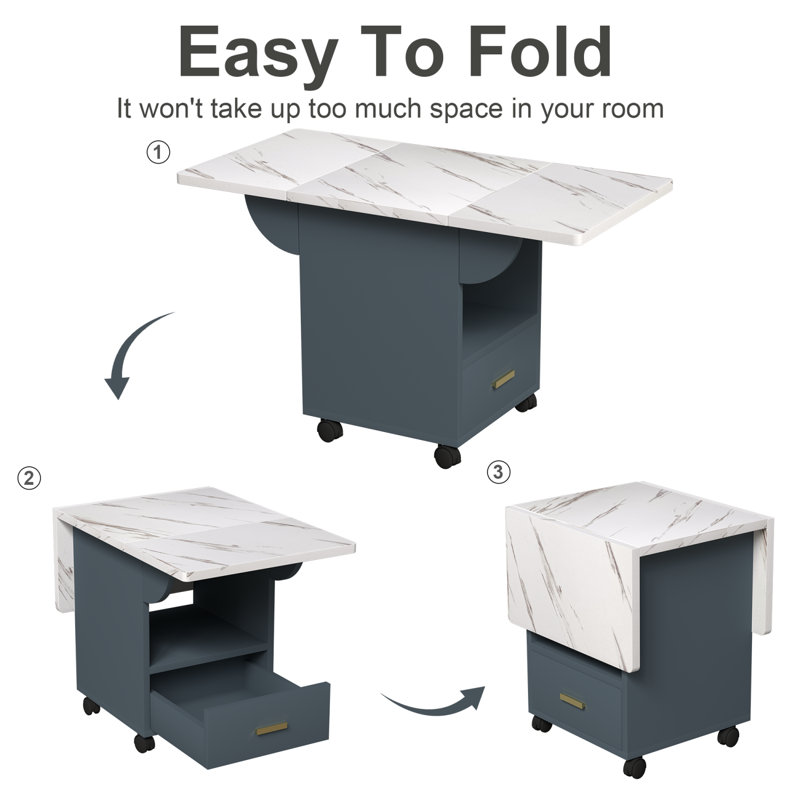 Wood Folding Dining Table with Wheels and Storage Rack