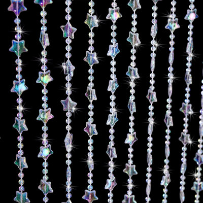30 Strands Iridescent Beaded Curtains for Doorway, 35x79 Inch，Crystal Acrylic, High-density 30 Strands, Iridescent Effect, with Hanging Rod, for Window Room, 1 Pack, Star Style