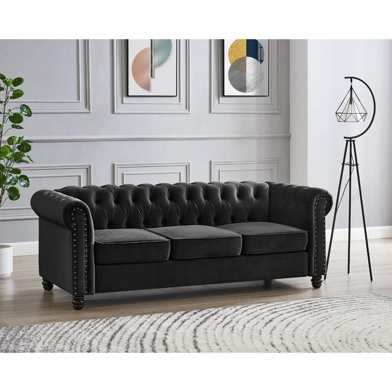Chesterfield Sofa Black Velvet, 3, Black