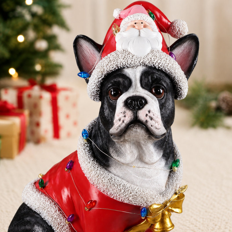 Statue de Noël bouledogue français de Noël, figurine de chien des Fêtes en tenue de père Noël pour la décoration intérieure