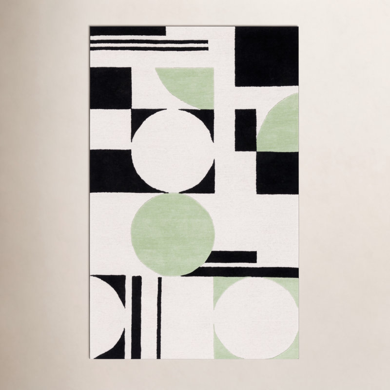 Tapis vert / noir / blanc en laine fabriqué à la main Felipe, Rectangle 4 pi x 6 pi