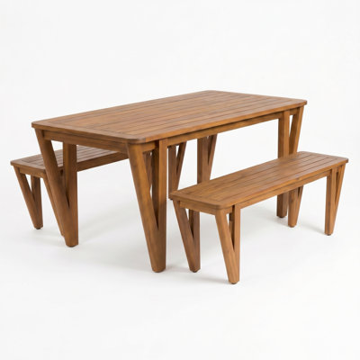 Sammy Patio 4-Person Acacia Wood Dining Set With Bench & V-Shaped Legs